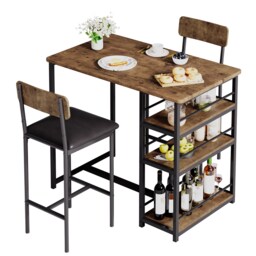London Boutique Retro Industrial Storage Breakfast Bar Table & 2 Matching Bar Stools Set Vintage Wood Effect MDF Tall Bar Counter With Multi-layer Side Open Storage Shelves Heavy-duty Matte Black Iron Metal Frame Two PU Foam Padded High Bar Stools Space Saving Home Bar Furniture For Open Plan Kitchen Flat Loft Home 92 x 50 x 91.5 cm Single Pack