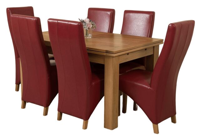 Richmond 140-220cm Oak Extending Dining Table and 6 Lola Leather Chairs Red Red