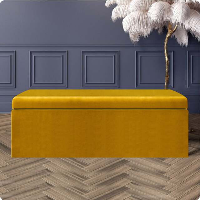 137cm Large Plain Safar Storage Ottoman Box, Mustard Gold Plush Velvet Upholstered Deep Storage Ottoman End of Bed Bench