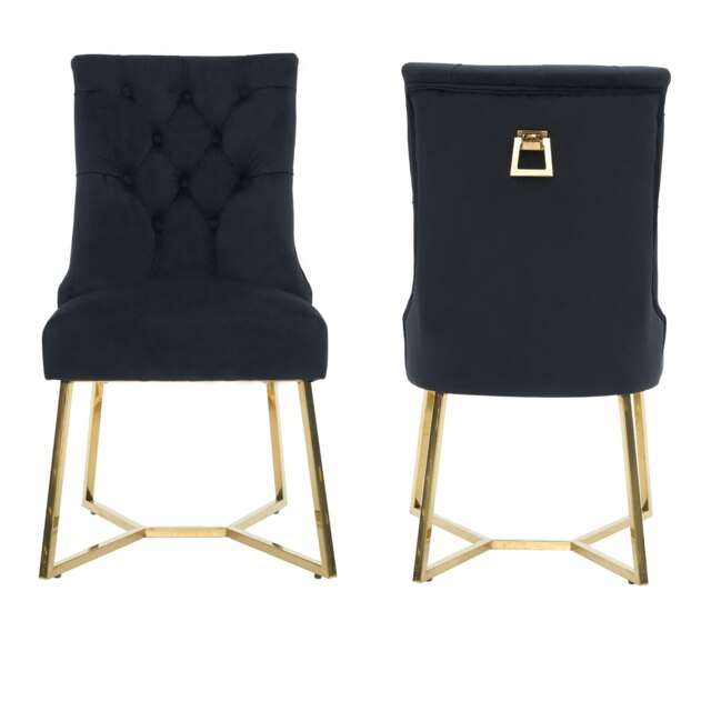 Set of 2 Ambra Modern Velvet Dining Chairs with Gold Legs & Ring Handle - Tufted Back, Plush Foam Seat, Luxury Accent Chair Grey Grey