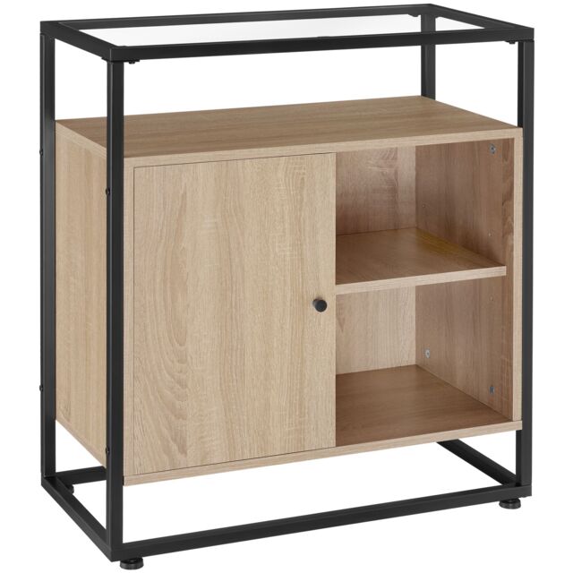 Sideboard Coventry - glass tabletop, open shelves, storage cabinet Brown industrial wood light, oak Sonoma 70 x 38 x 80,50 cm 1