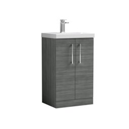 Balterley Contemporary Bathroom Floor Standing 2 Soft-Close Door Vanity Unit & Mid-Edge Ceramic Basin Grey Anthracite Woodgrain