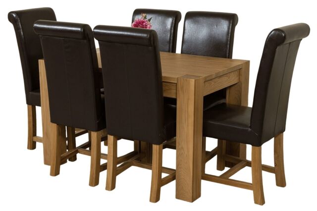 Kuba 125x80cm Chunky Oak Small Dining Table and 6 Washington Leather Chairs Brown Brown