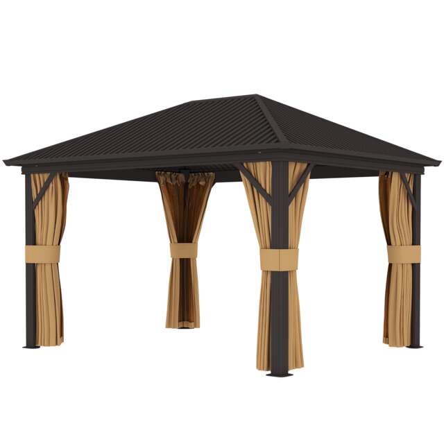 Outsunny 3.6 x 3(m) Metal Garden Hardtop Gazebo with Screened Curtain Brown Brown Bronze frame, brown curtains and netting 3.63 x 3 x 2.7 m 1
