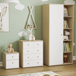 Junior Vida Neptune 3 Piece Bedroom Set, White & Oak (Bedside Table, Drawer Chest, Wardrobe) White White 3