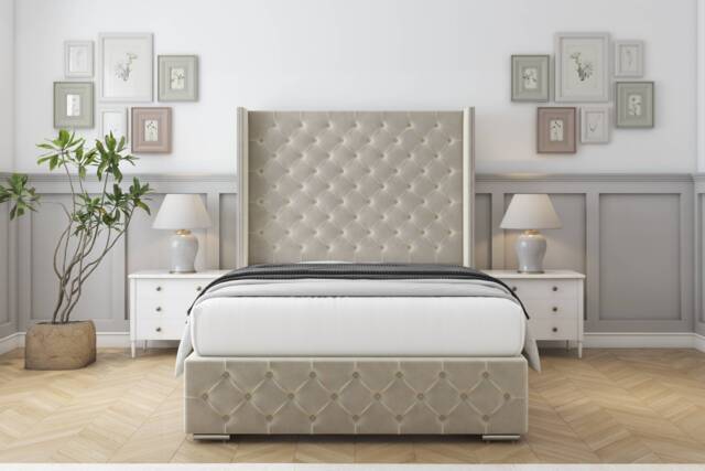 "Sloomy Arundel Cream Plush Bed Frame With 50"" Upholstered Wingback Headboard 4' Small Double"