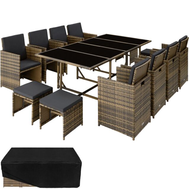 Garden Table and Chairs Palma - 12 seats with cushions, dining table, rain cover Cream nature/dark grey 53 x 53 x 87 cm 1