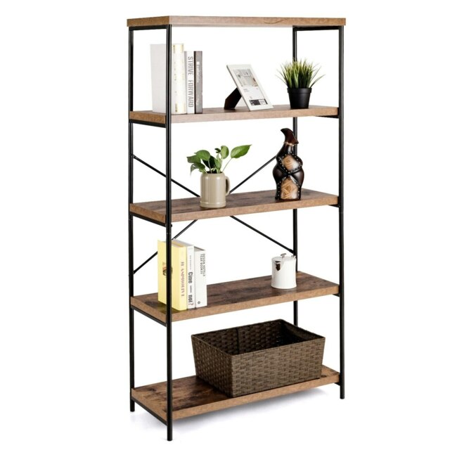 COSTWAY 5-Tier Bookshelf Wood Bookcase Display Rack Brown Brown