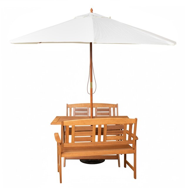 Outdoor 4 Person Folding Rectangular Wooden Garden Dining Table Benches Cream Parasol and Base Set