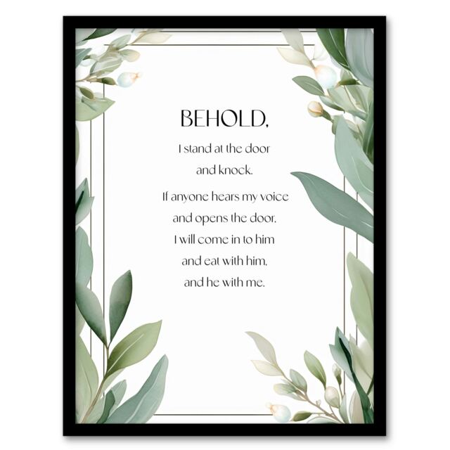 Stand Door Knock Green Revelations Bible Quote Black Framed Wall Art Print A8