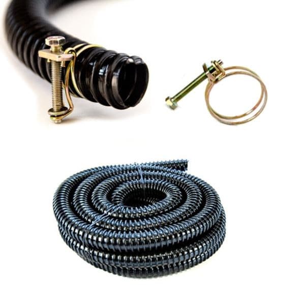 Pisces 15m Black Corrugated Hose with Double Wire Clips, 40mm Internal Diameter Pond PVC Hosing