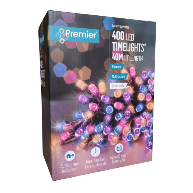 400 LED 40m Premier Christmas Indoor Outdoor Multi Function Battery Operated String Lights with Timer in Rainbow