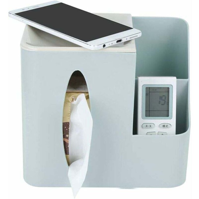Blue Square Tissue Box Cover with 2 Grids Remote Control Holder Desk Organizer