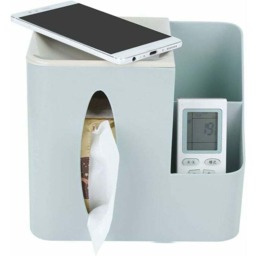 Blue Square Tissue Box Cover with 2 Grids Remote Control Holder Desk Organizer