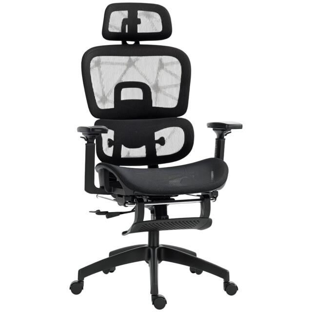 HOMCOM Ergonomic Office Chair, Mesh High Back Computer Desk Chair with 3 Level Adjustable Back, Adjustable Lumbar Support, Swivel Recliner with 3D Armrest, Headrest, Footrest, Black Black