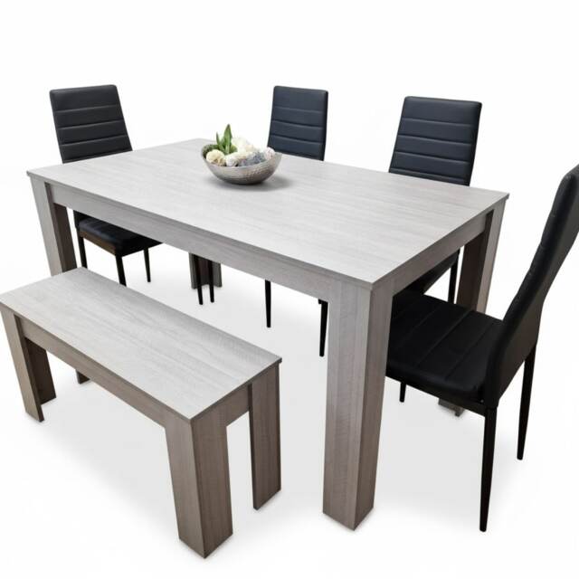 Modern Grey Rectangle Dining Table Set With 4 Black Metal Chairs And 1 Bench Dining Room Furniture