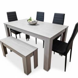 Modern Grey Rectangle Dining Table Set With 4 Black Metal Chairs And 1 Bench Dining Room Furniture