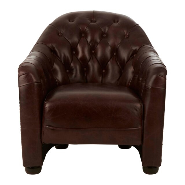 Classic Armchair with Buttoned Back,Leather Upholstered Chair, Luxe Accent Chair With Black Walnut Orb Feet Brown