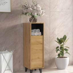 Bathroom Storage Cabinet Freestanding Slim Cupboard with Door Open Shelf Oak Wood Effect Black Bathroom Storage Unit Furniture 100cm