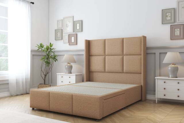 Sloomy Beaumont Latte Dumfries Divan Bed Base 2 Drawers Foot-End With 54 Inch Wingback Headboard & 12 Inch Matching Footboard Brown Latte Small Double 1