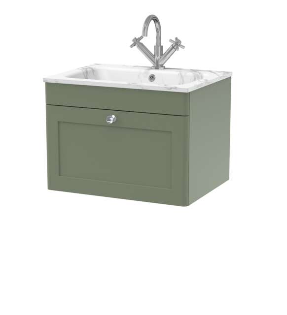 Balterley Swynnerton Traditional 1 Drawer Wall Hung Vanity Unit with Stone Basin, Satin Green, 600mm