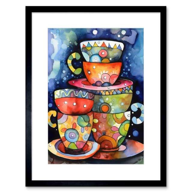 "Kitchen Folk Art Colourful Tea Coffee Mugs Cups 9x7"" Black Framed Wall Art Print"