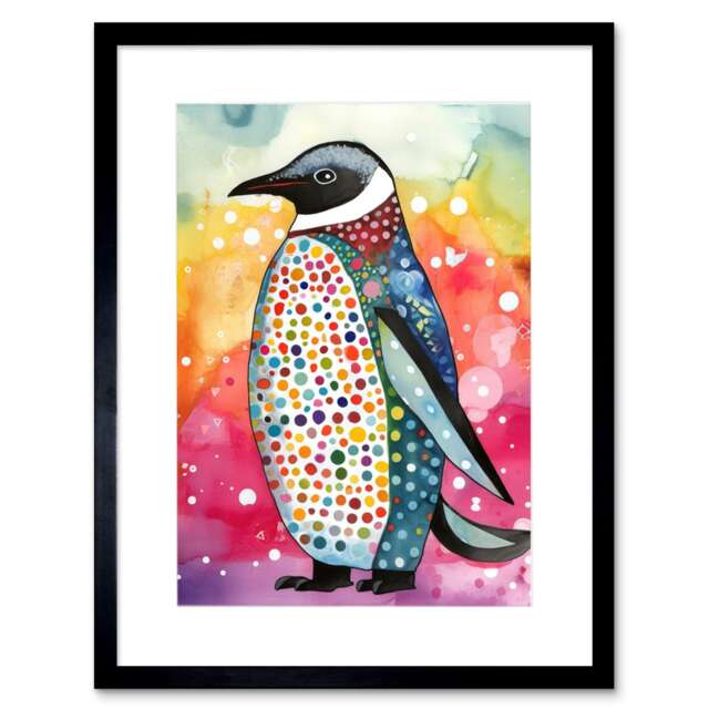 "Cute Colourful Spotted Penguin Animal Folk Art 9x7"" Black Framed Wall Art Print"
