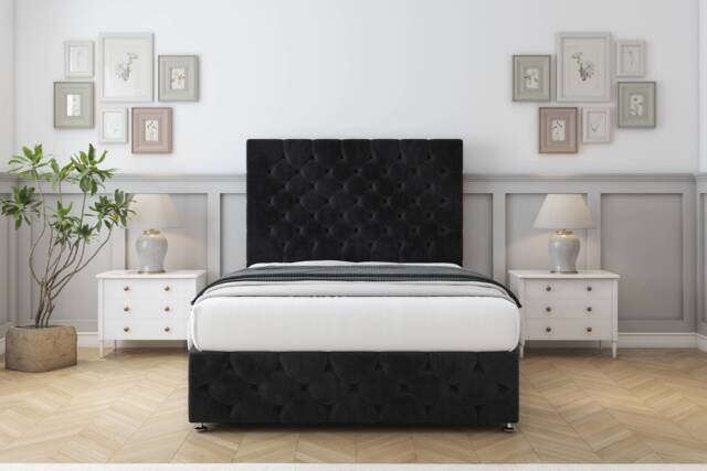 "Sloomy Watson Black Naples Divan Bed With Mattress No Drawers With 26"" Strutted Headboard & 12"" Matching Footboard 3' Single Black Black Single 1"