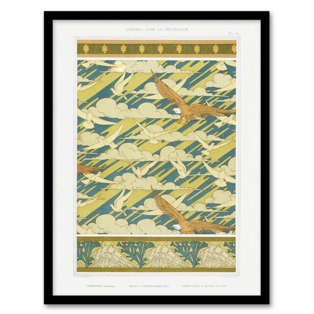"Eagles Doves Seashell Patterns Vintage Framed Wall Art Print Verneuil 12x16"""