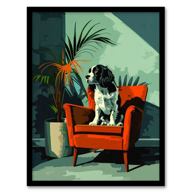 Springer Spaniel Dog Lover Red Armchair Home Decor Black Framed Wall Art Print A4