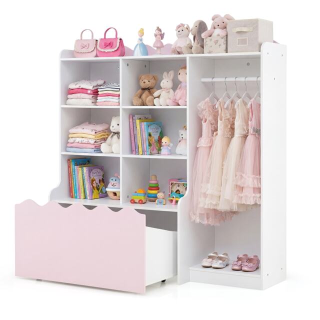 Kids Toy Storage Organizer, Children Dress up Closet Wardrobe with Clothing Rack, 6 Cubes and Movable Drawer, Multifunctional Kids Bookshelf Floor Storage Chest for Playroom, Bedroom
