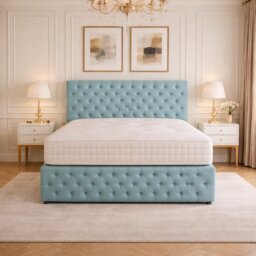 4FT Small double light blue plush divan bed with head and footboard set -2 Drawers Left Side Laying in Bed