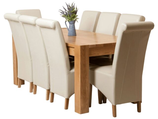 Kuba 180 x 90 cm Chunky Oak Dining Table and 8 Montana Leather Chairs Cream Cream