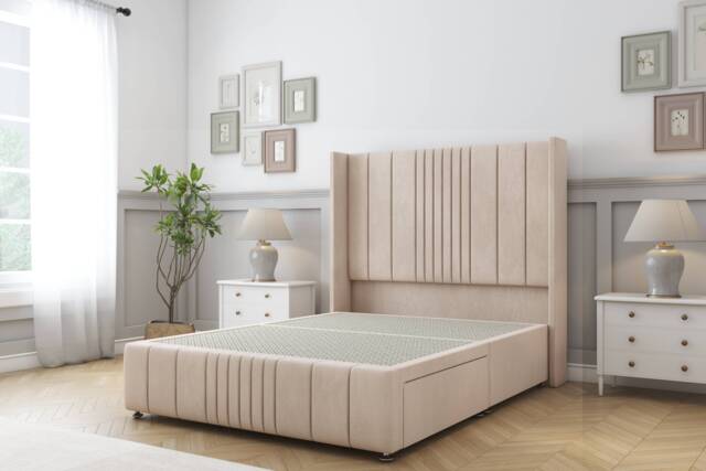 Sloomy Hargrave Sand Naples Divan Bed Base No Drawers With 54 Inch Wingback Headboard & 12 Inch Matching Footboard Cream Sand Small Double 1