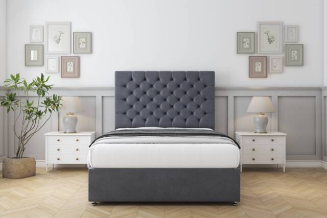 "Sloomy Mayfair Steel Plush Divan Bed With Mattress 2 Drawers Footend With 26"" Strutted Headboard 5' King Grey Steel King 1"