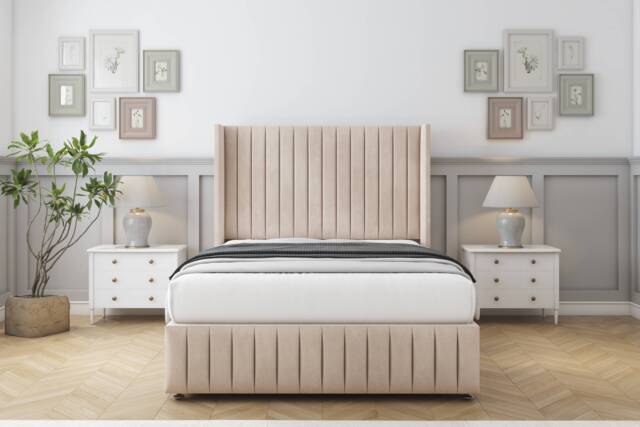 "Sloomy Marlborough Sand Naples Divan Bed With Mattress No Drawers With 54"" Wingback Headboard & 12"" Matching Footboard 2'6 Small Single Cream Sand Small Single 1"