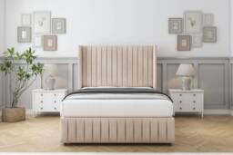 "Sloomy Marlborough Sand Naples Divan Bed With Mattress No Drawers With 54"" Wingback Headboard & 12"" Matching Footboard 2'6 Small Single Cream Sand Small Single 1"