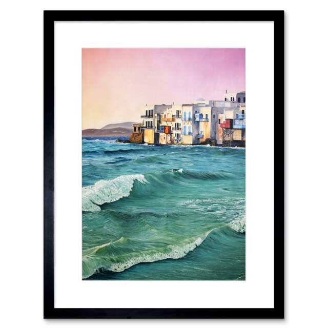 "Greece Coastal Cityscape Sea Waves Painting 9x7"" Black Framed Wall Art Print"