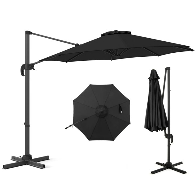 COSTWAY Round Outdoor Patio Umbrella Cantilever Parasol-Black Black