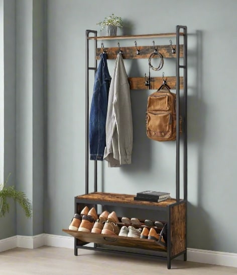 Hall Tree with Bench, Shoe Storage, 9 Hooks, Top Shelf, Industrial Coat Rack for Hallway, Rustic Brown