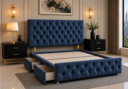 Divan Bed with Upholstered Headboard & Footboard Base 4FT6 Double Denim Linen No Storage