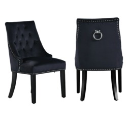 Set of 2 Velvet Dining Chairs Ergonomic Scoop Knockerback & Button Tufted Wood Legs Black