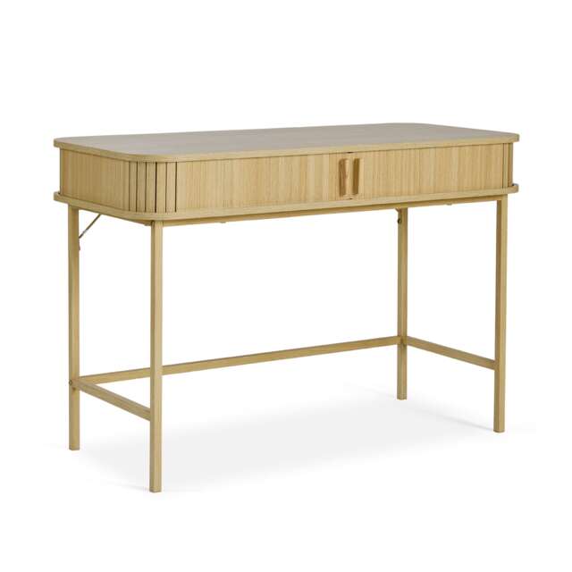 Vonhaus Landos Computer Desk with Sliding Doors and Tambour Finish Brown