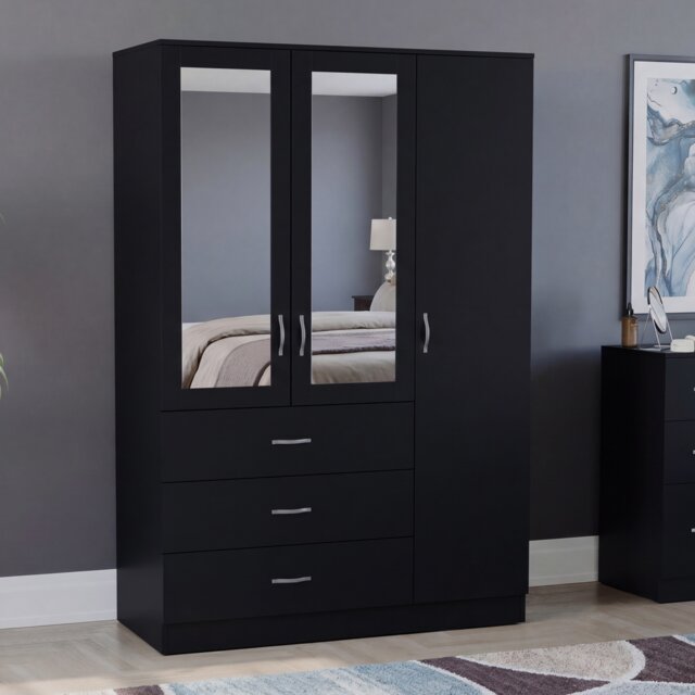 Vida Designs Riano 6 Door 3 Drawer XX-Large Mirrored Wardrobe, Black