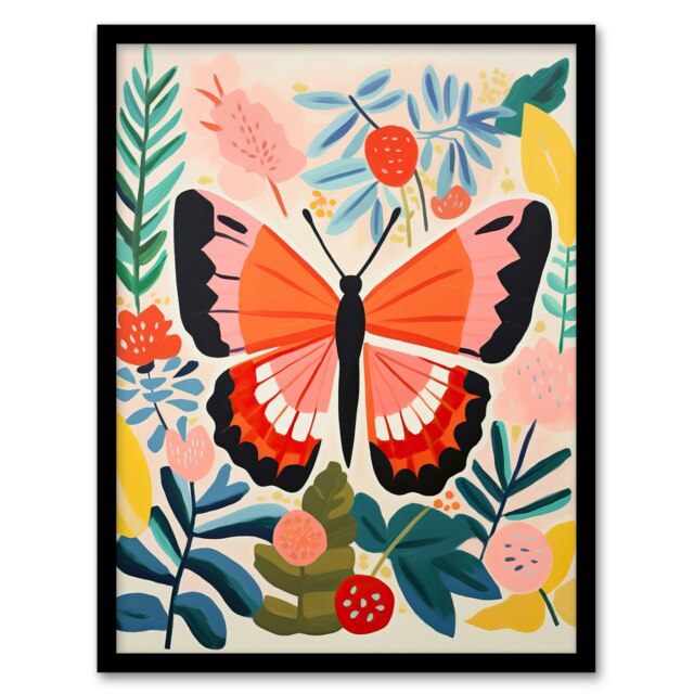 Butterfly Henri Matisse Style Bright Leaves Black Framed Wall Art Print A4