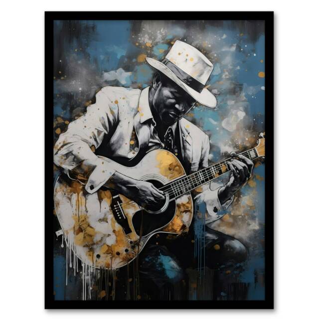 Guitarist Playing Acoustic Blues Acrylic Black Framed Wall Art Print A4