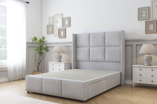 Sloomy Beaumont Silver Naples Divan Bed Base No Drawers With 54 Inch Wingback Headboard & 12 Inch Matching Footboard Silver Silver Super King 1