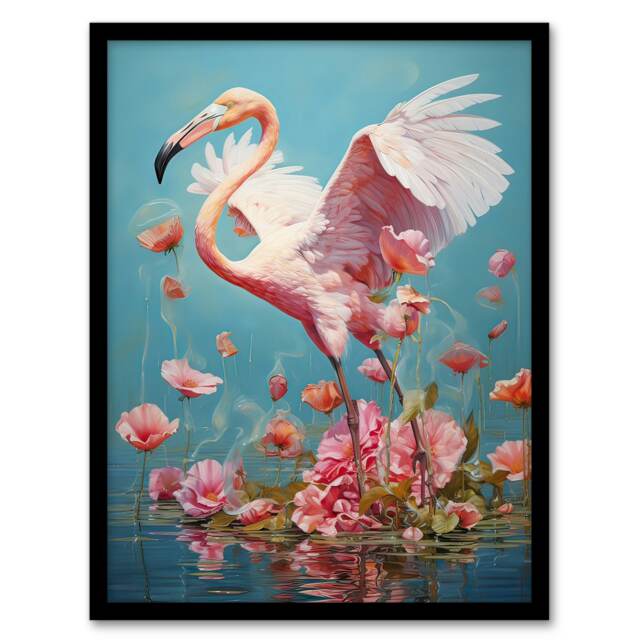 Flamingo Flight Lake Dance Pink Floral Water Flowers Black Framed Wall Art Print A4