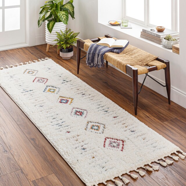 LIVABLISS Lofty-Shaggy Vintage Boho Plush Soft Pile Fringe Rug 80 x 220 cm Ivory Yellow Blue
