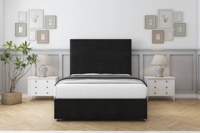 "Sloomy Texas Black Plush Divan Bed With Mattress 2 Drawers Same Side With 26"" Strutted Headboard 3' Single Black Black Single 1"